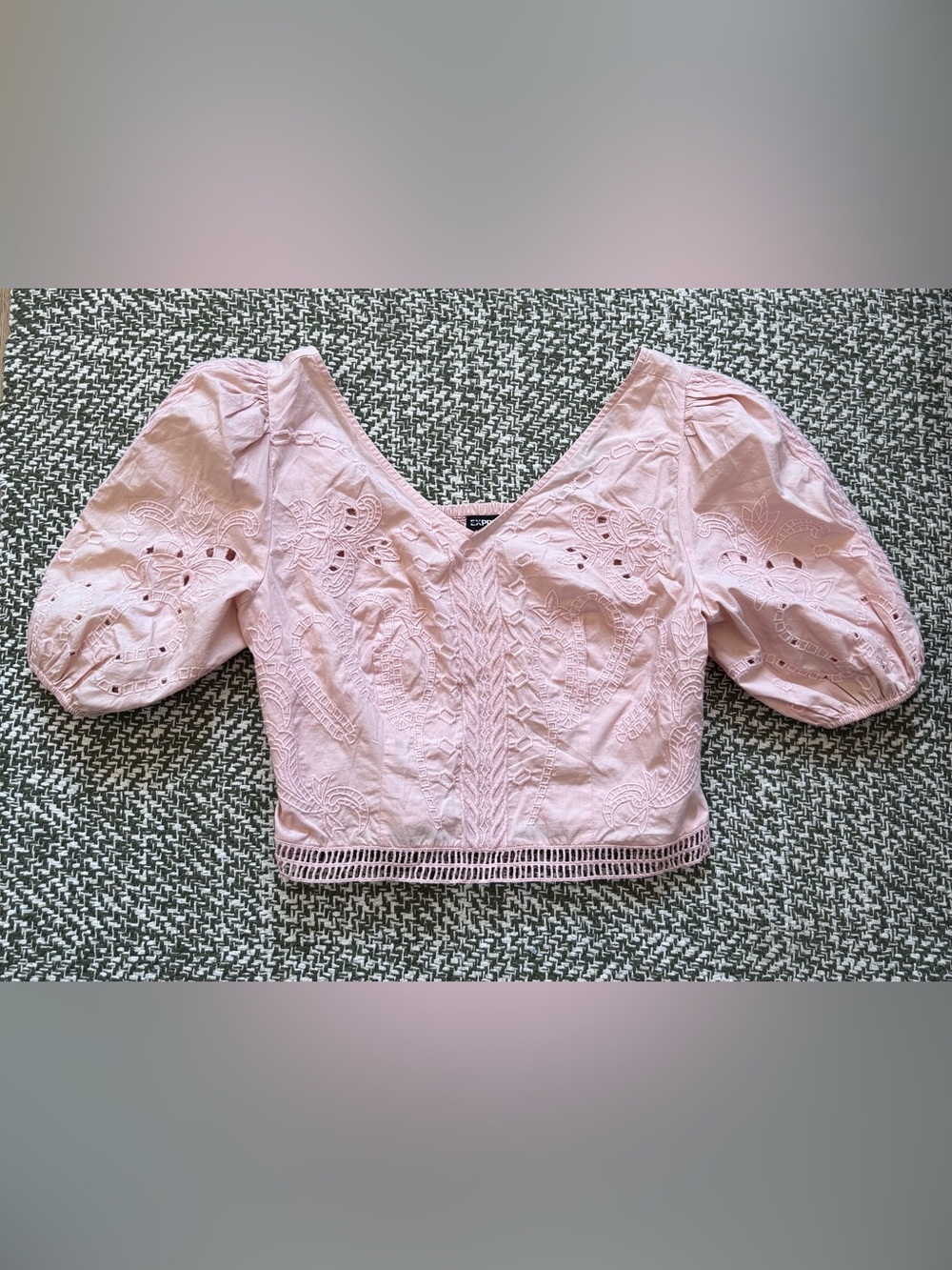 Express Pink Eyelet V-Neck Cropped Puff Sleeve Top